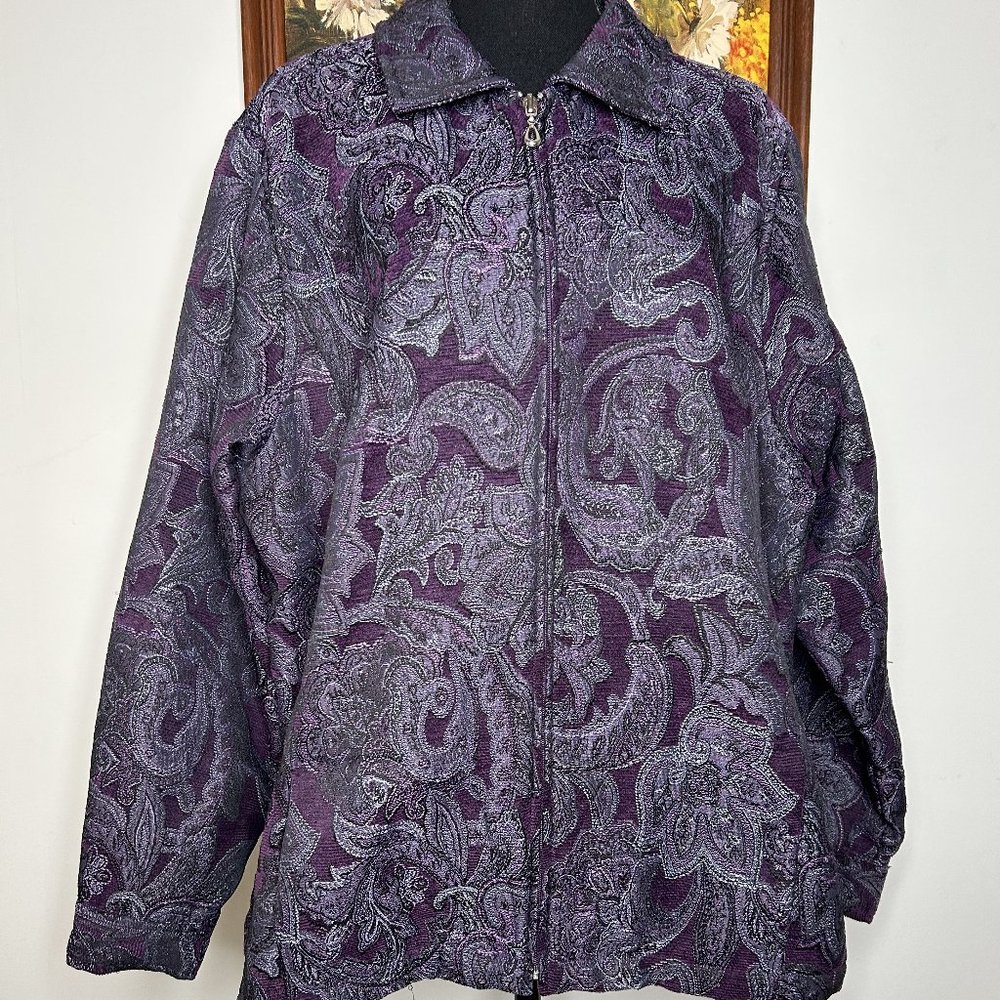 Erika Cardigan Sweater Women's 2X Collared Purple Black Floral Pockets Casual